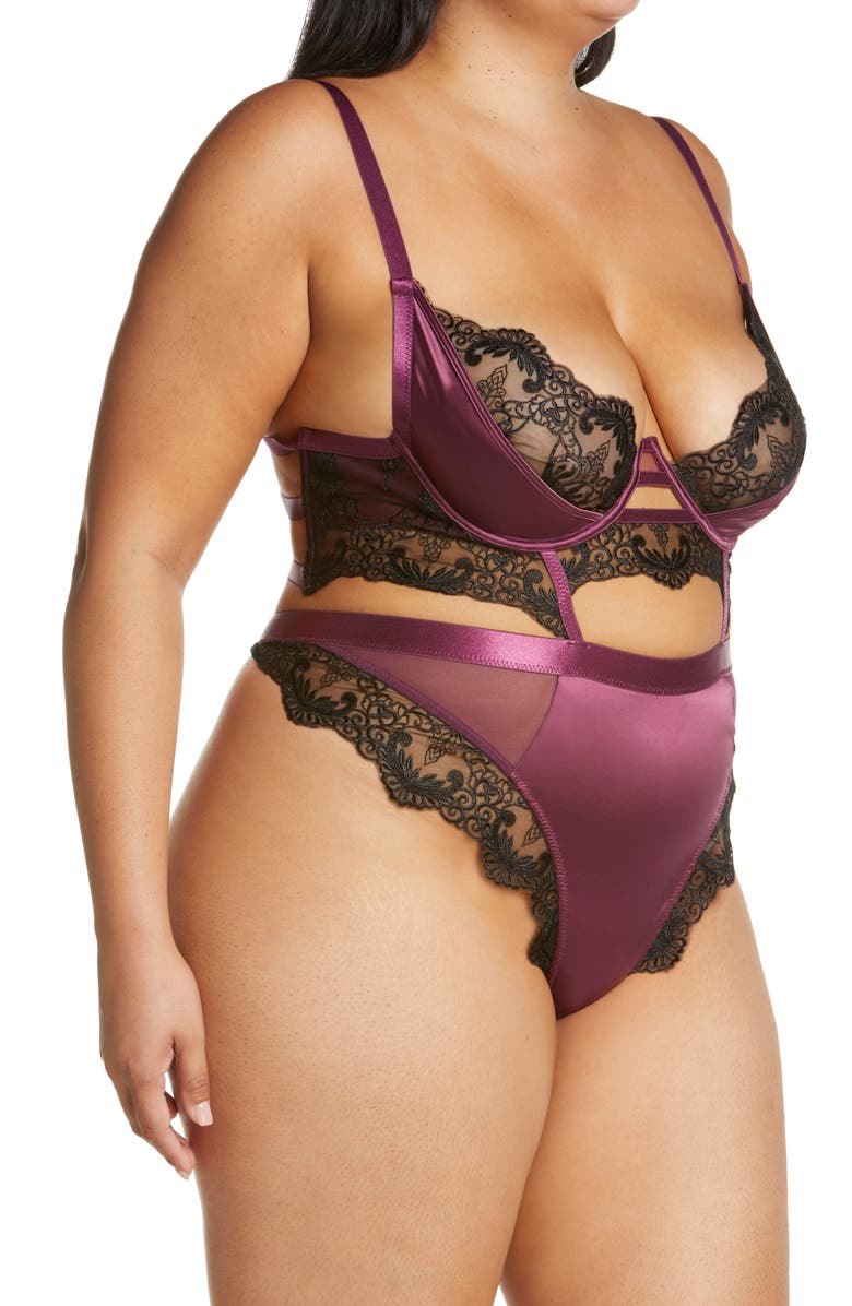 Oh La La Cheri Cadence Strappy Eyelash Lace & Satin Underwire Teddy, Alternate, color, Italian Plum/ Black