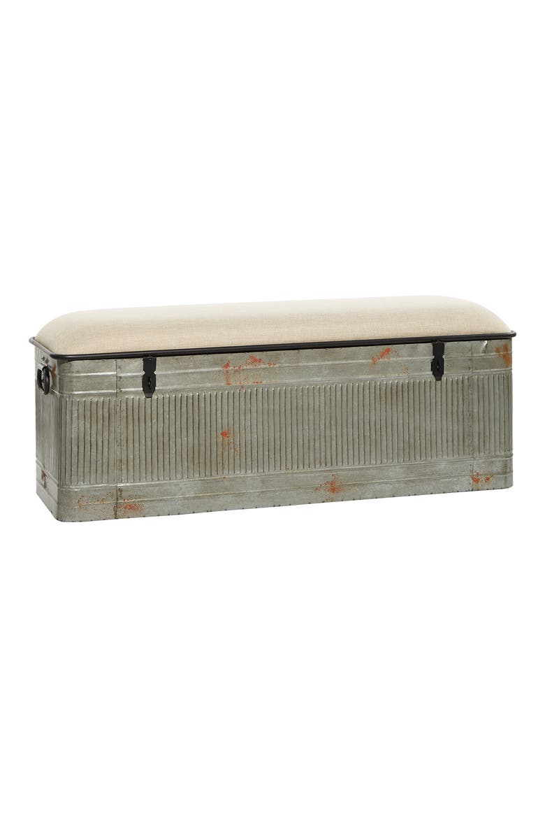 Gray Metal Galvanized Storage Bench with Cream Burlap Top, Main, color, GREY