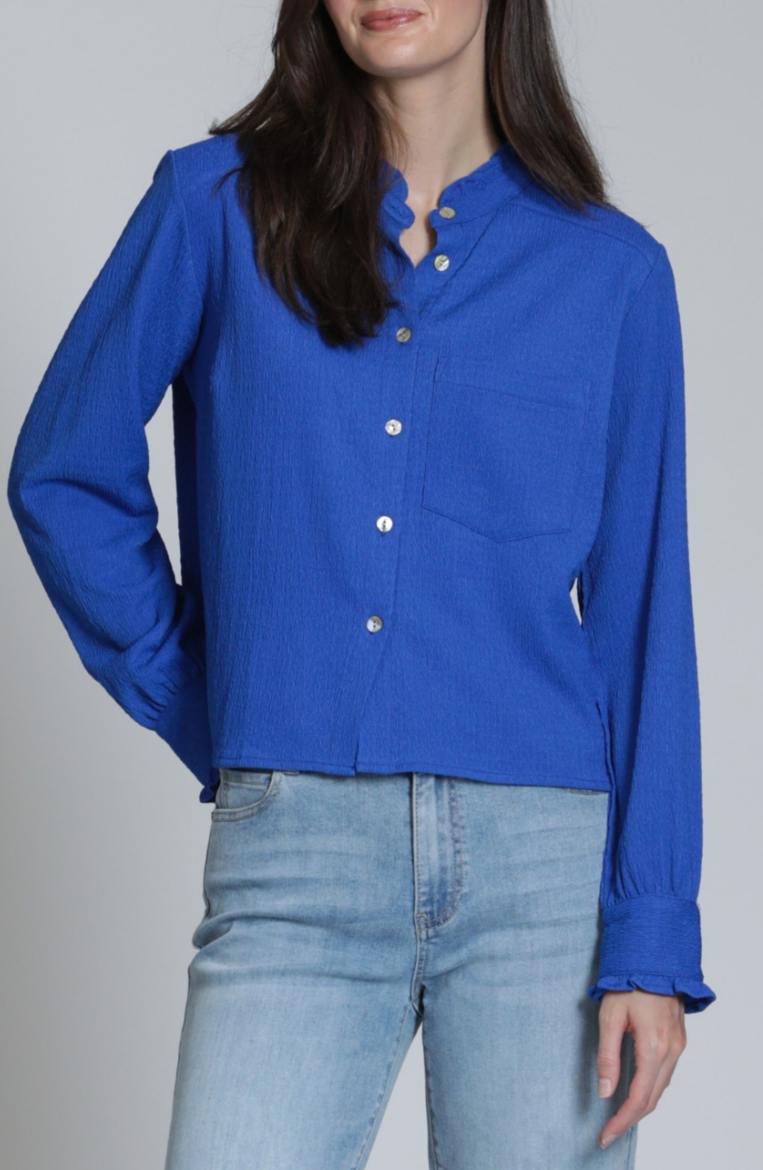Ruffle Long Sleeve Crop Button-Up Shirt - image 5