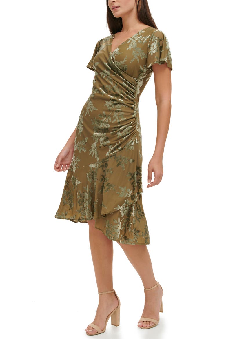 Floral Velvet Burnout Faux Wrap Midi Dress, Alternate, color, OLIVE