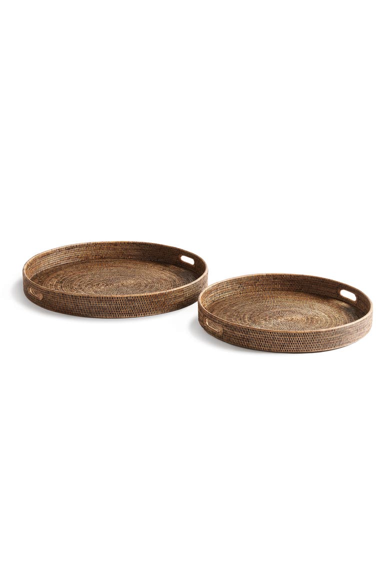Burma Rattan Round Ottoman Decorative Trays Large Set of 2, Main, color, Brown