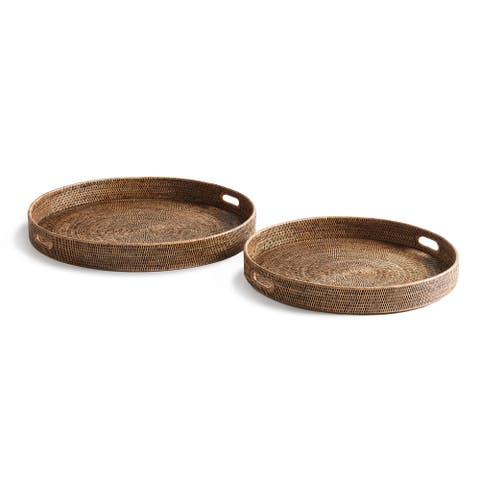 Burma Rattan Round Ottoman Decorative Trays Large Set of 2