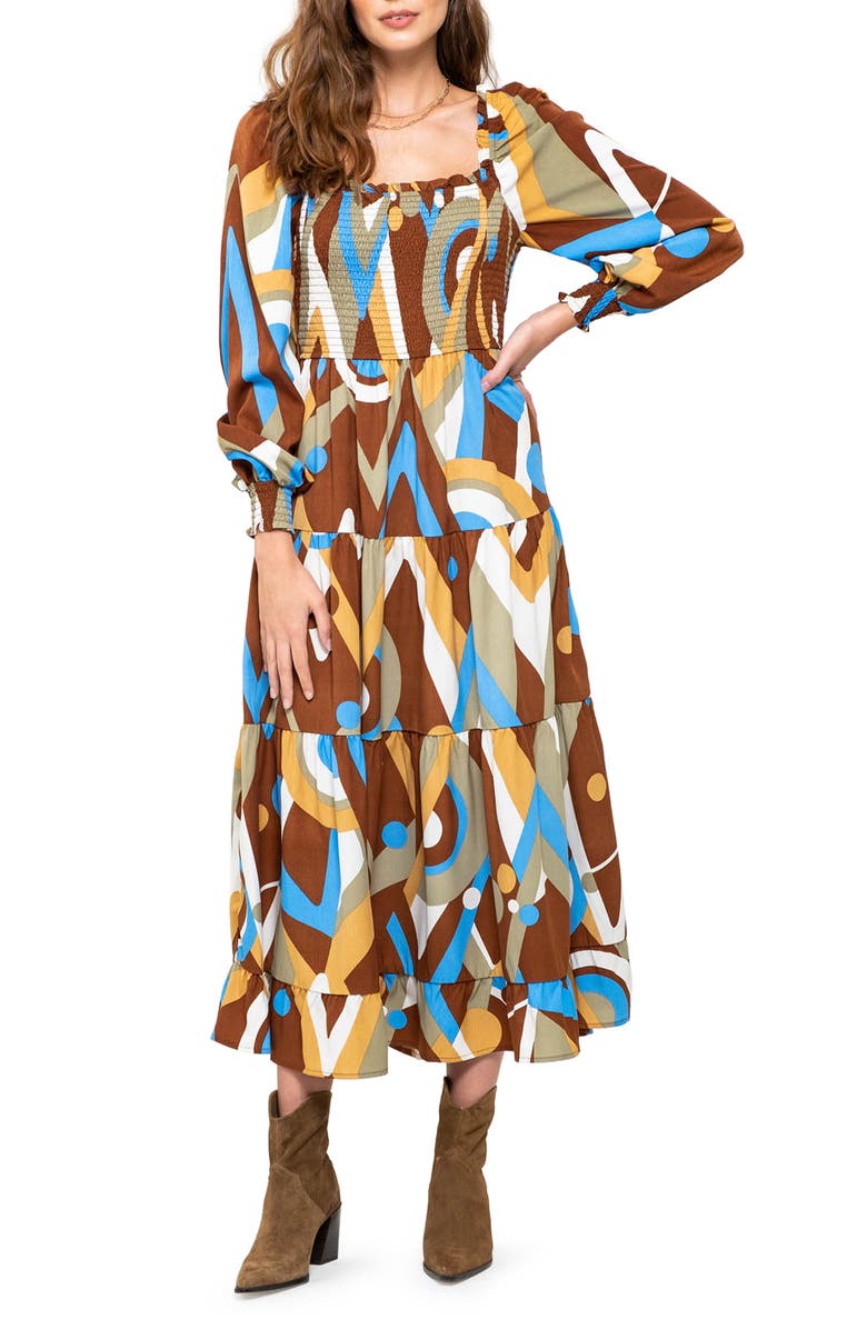 AUGUST SKY Abstract Print Long Sleeve Tiered Dress, Main, color, 
