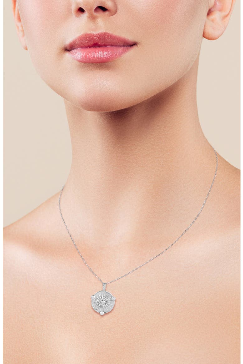 Cubic Zirconia Compass Medallion Pendant Necklace, Alternate, color, SILVER