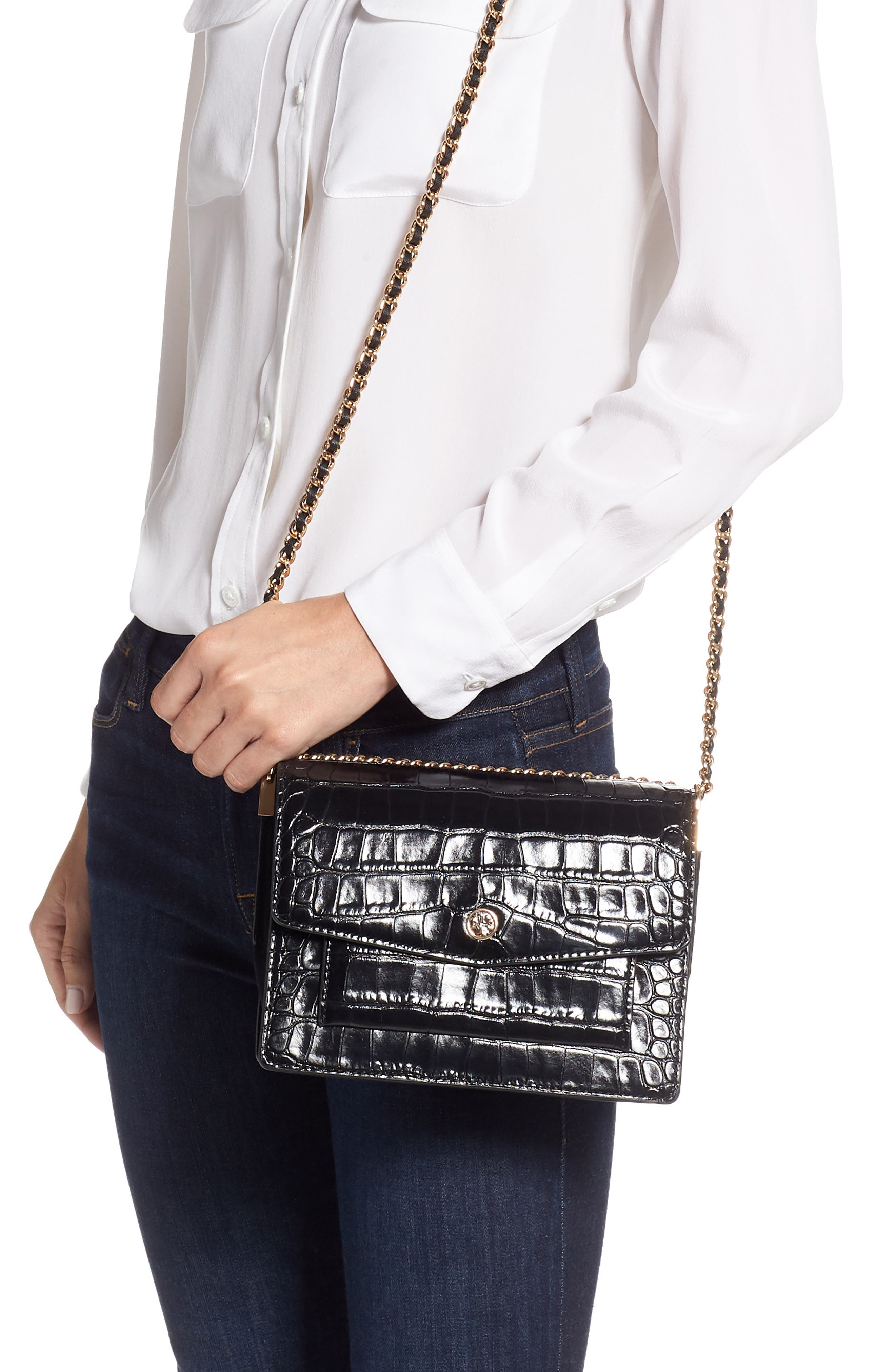 Tory Burch Robinson Croc Embossed Leather Shoulder Bag, Alternate, color, 