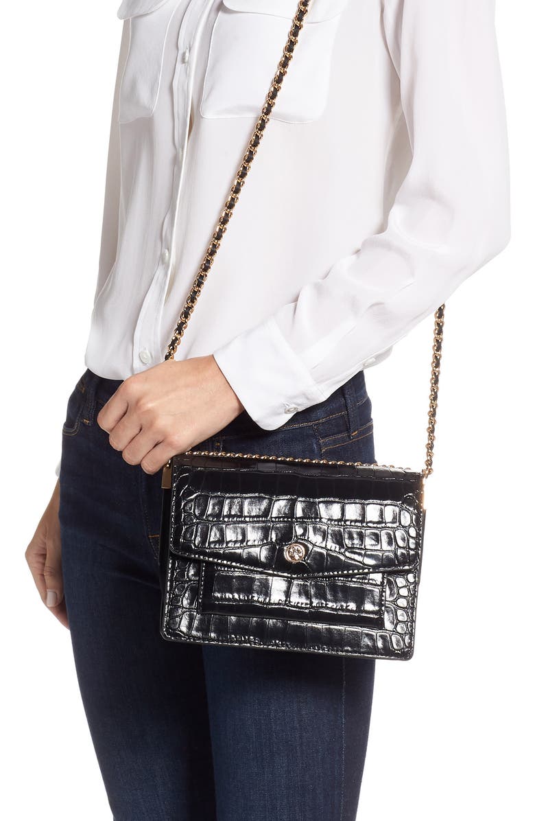 Tory Burch Robinson Croc Embossed Leather Shoulder Bag, Alternate, color,