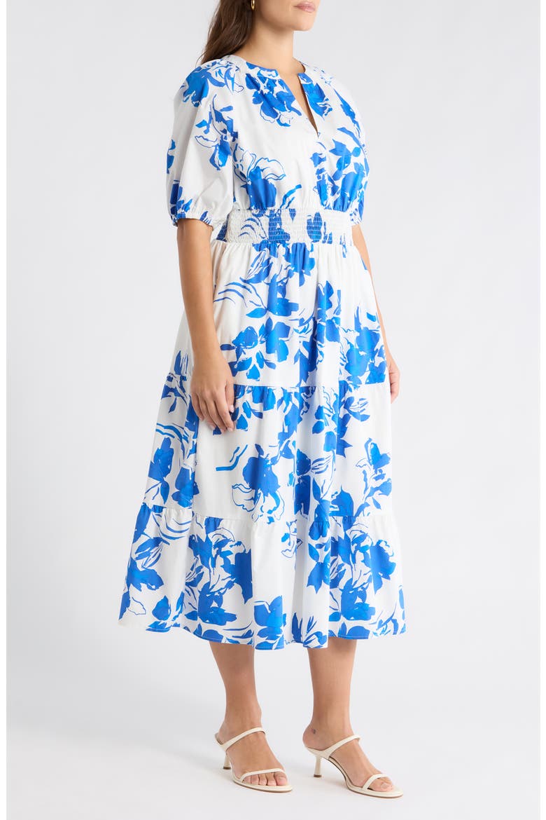 Aby Floral Hacienda Puff Sleeve Midi Dress, Alternate, color, WHITE-COBALT-MULTI