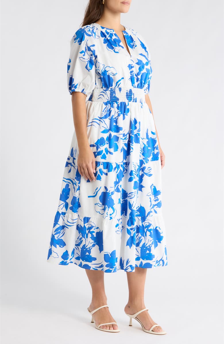 SUGARLIPS Aby Floral Hacienda Puff Sleeve Midi Dress, Alternate, color, White-Cobalt-Multi