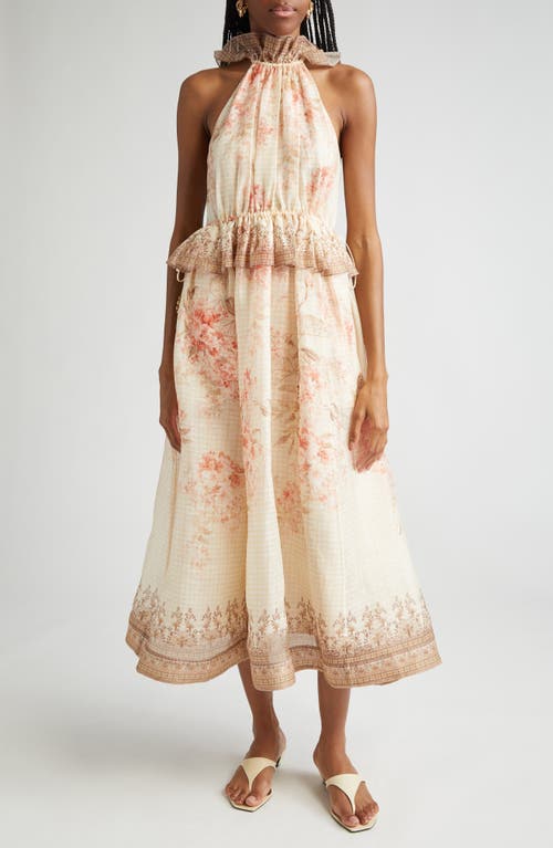 Zimmermann Illuminate Halter Midi Dress In Coral Floral