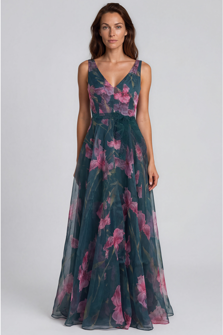 V-Neck Floral Printed Organza Waist Tie A-Line Gown, Main, color, Multi