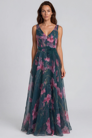 Rene Ruiz V-Neck Floral Printed Organza Waist Tie A-Line Gown