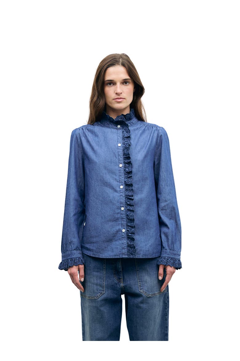 Loupy High Neck Lace Trim Shirt, Main, color, Jeans