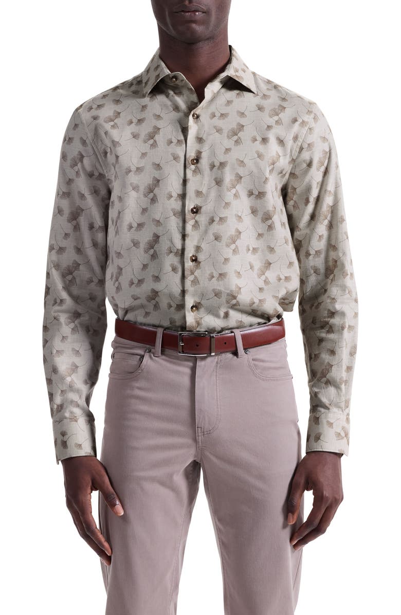 Bugatchi Axel Shaped Fit Floral Button-Up Shirt, Main, color, Sand