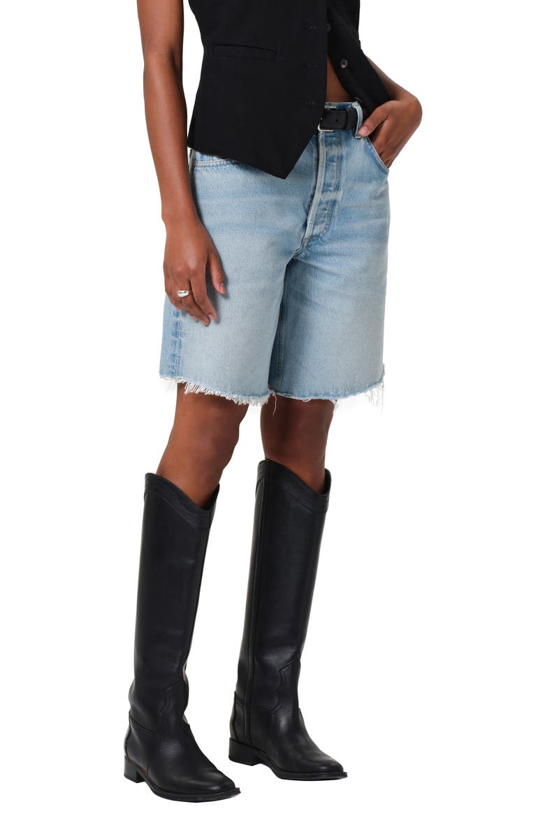 Ayla Distressed High Waist Cutoff Denim Bermuda Shorts, Main, color, BIANCA