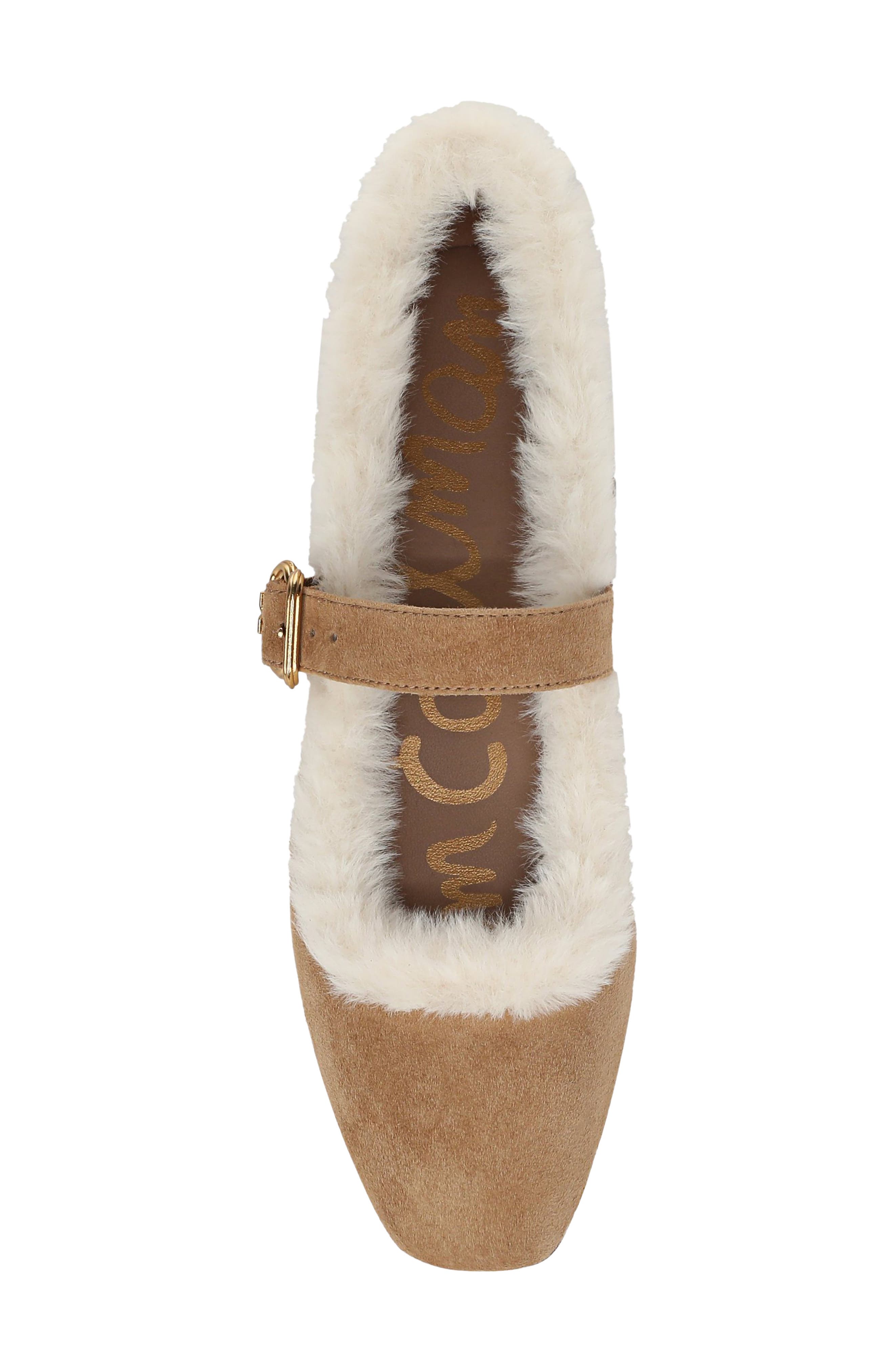 Michaela Faux Fur Trim Mary Jane Flat, Alternate, color, BAMBOO BROWN