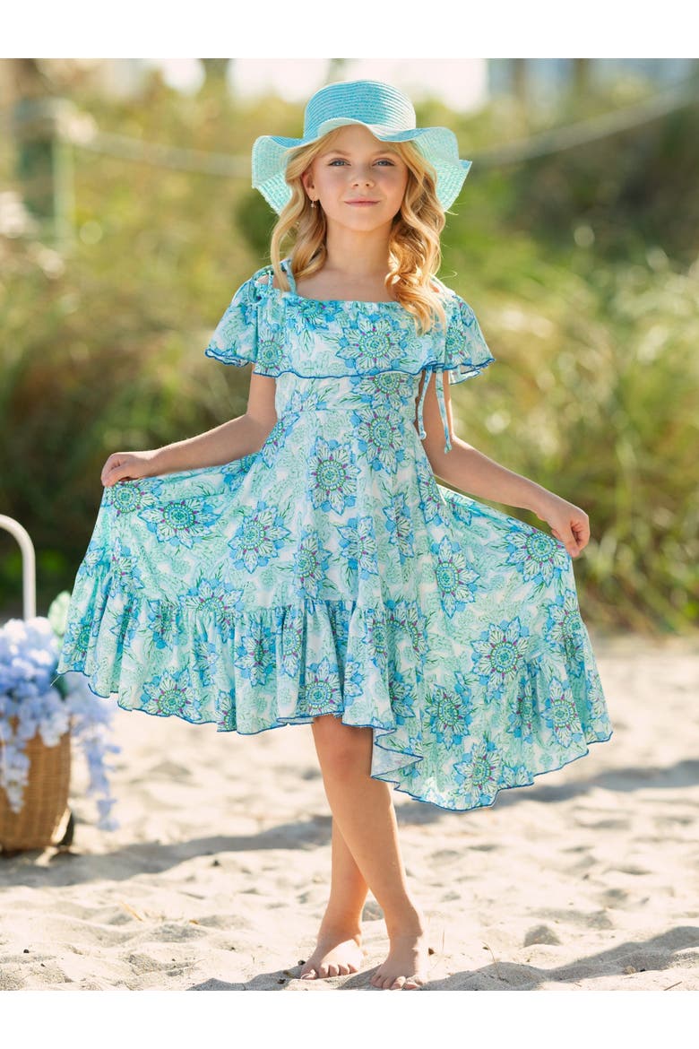 Girls Tropical Floral Bloom Ruffle Hi Lo Dress, Alternate, color, Blue