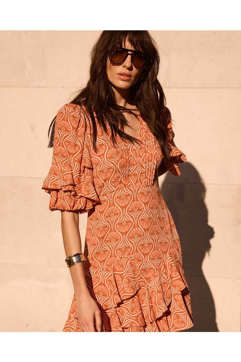 Printed Ruffle V-neck Mini Dress, Alternate, color, Orange