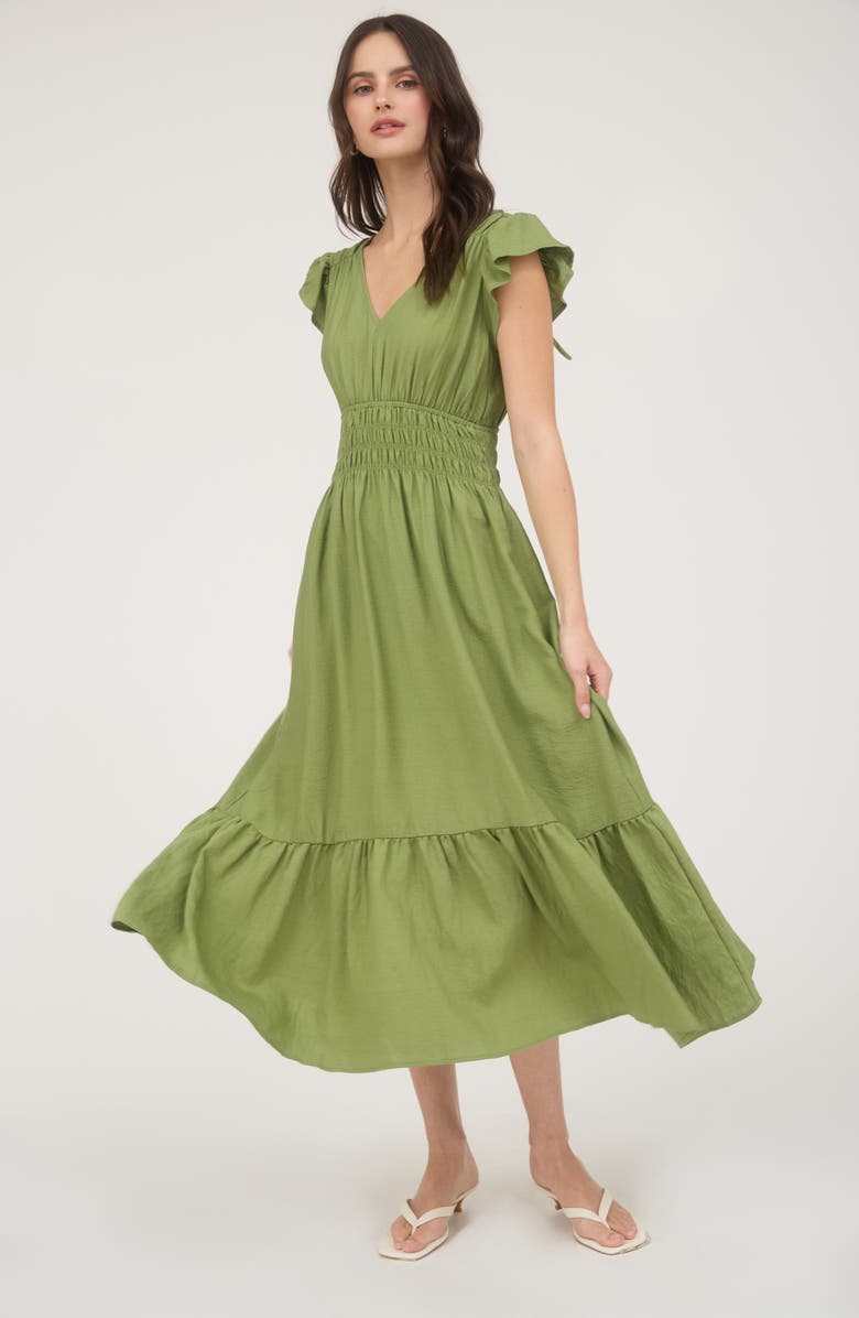 AUGUST SKY Flutter Sleeve Midi Dress, Alternate, color, Olive Green