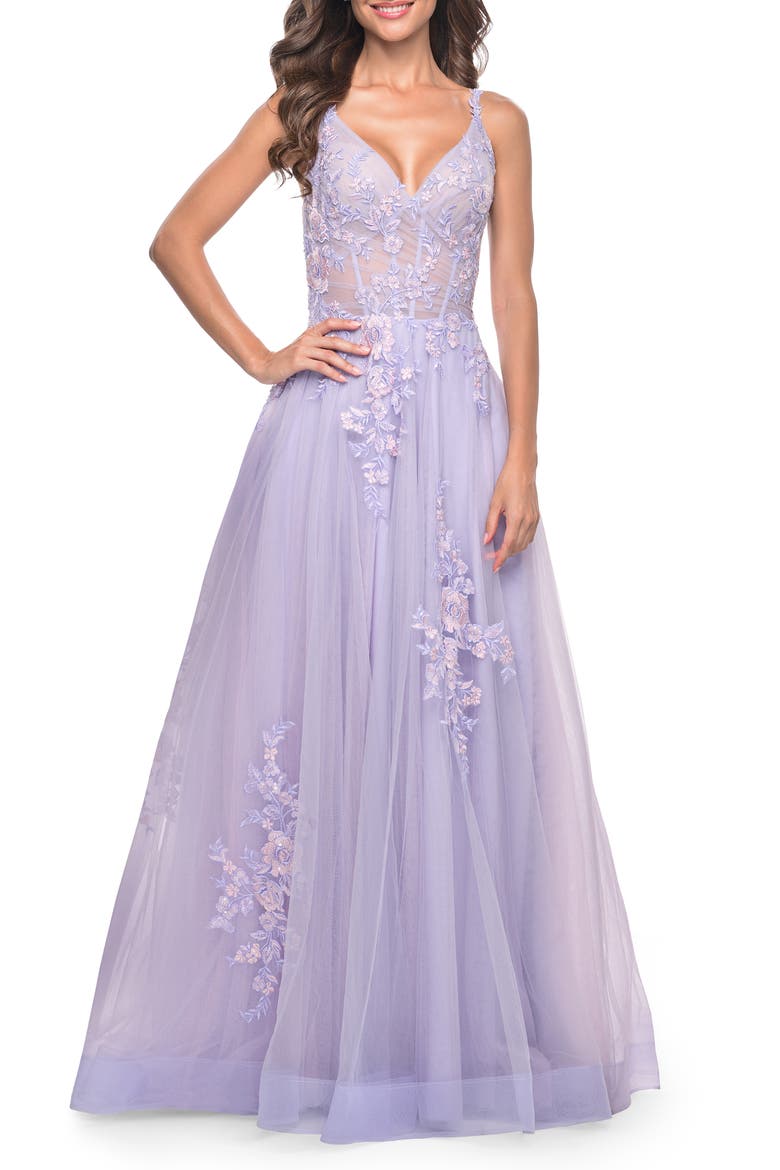 A-Line Tulle Prom Dress with Scattered Lace Applique, Alternate, color, Lavender