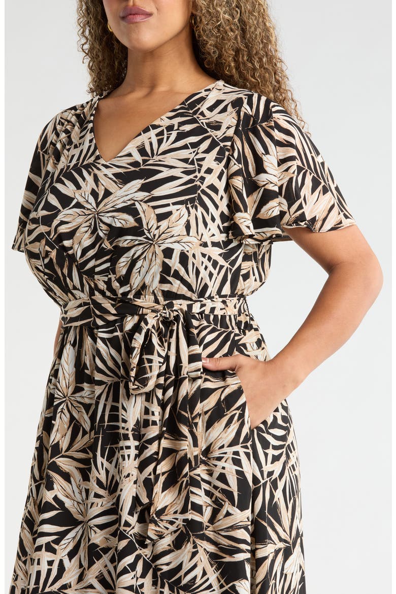 Leaf Print Flutter Sleeve Dress, Alternate, color, BLACK MULTI