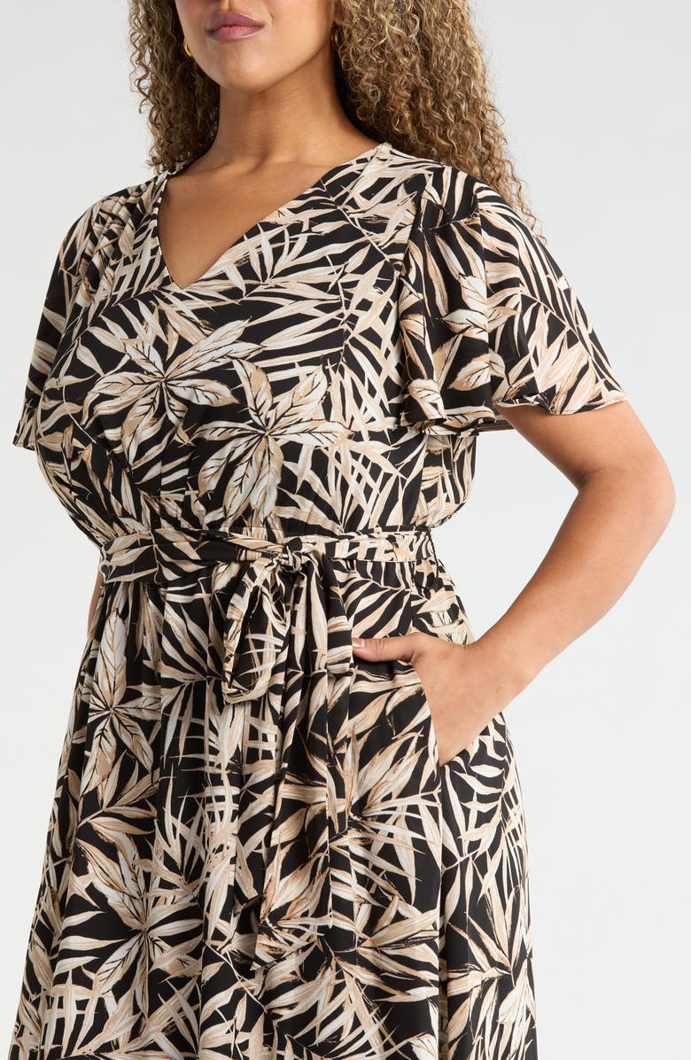 KASPER Leaf Print Flutter Sleeve Dress, Alternate, color, Black Multi