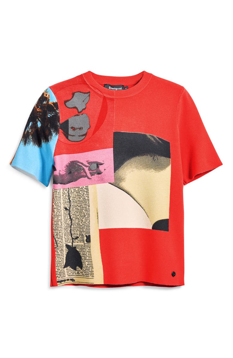 Desigual Collage Print Short Sleeve Knit Top, Alternate, color, 