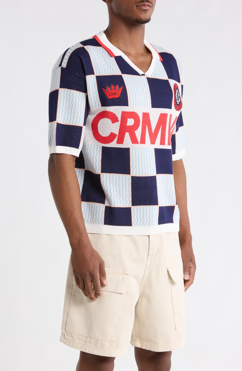CRIMINAL DAMAGE Checkerboard Embroidered Jacquard Knit Polo, Alternate, color, Blue/ Ecru/ Red