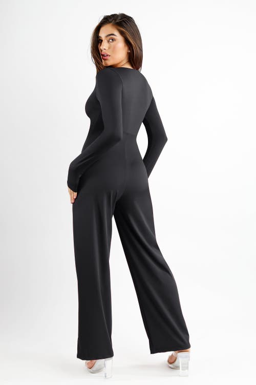 Popilush Shapewear Long Sleeve Square Neck Slimming Wide Leg Jumpsuit In Midnight Black