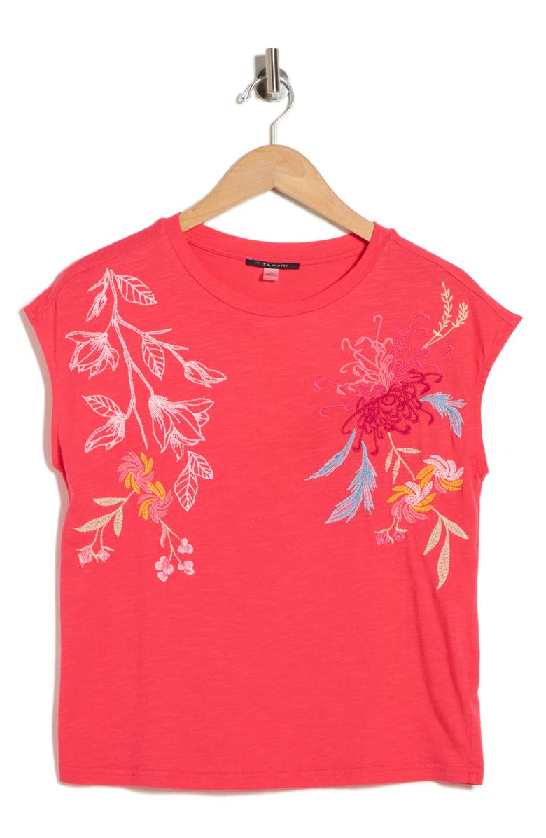 T Tahari Floral Embroidered Cap Sleeve Top, Main, color, Fuschia