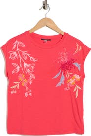 T Tahari Floral Embroidered Cap Sleeve Top