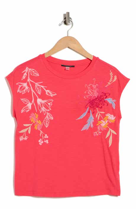 T Tahari Floral Embroidered Cap Sleeve Top