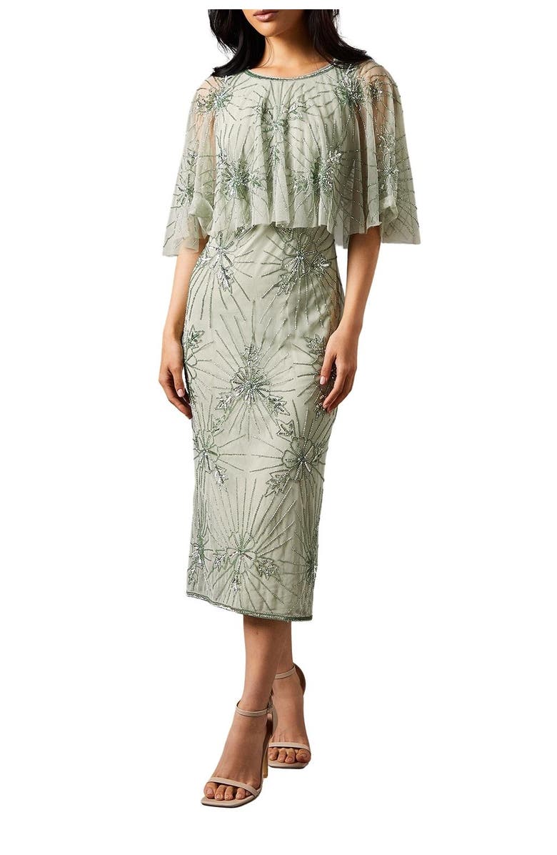 Coast Floral Embellished Cape Midi Dress, Alternate, color, Sage
