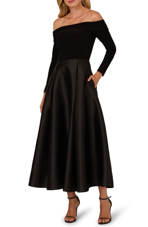 Off the Shoulder Mikado Fit and Flare Ankle Dress