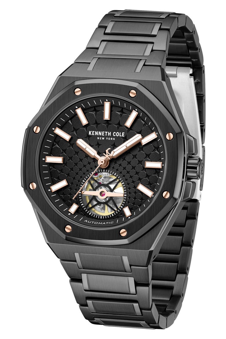 Benson Open Heart Blue Dial Automatic Bracelet Watch, 43mm, Alternate, color, BLACK