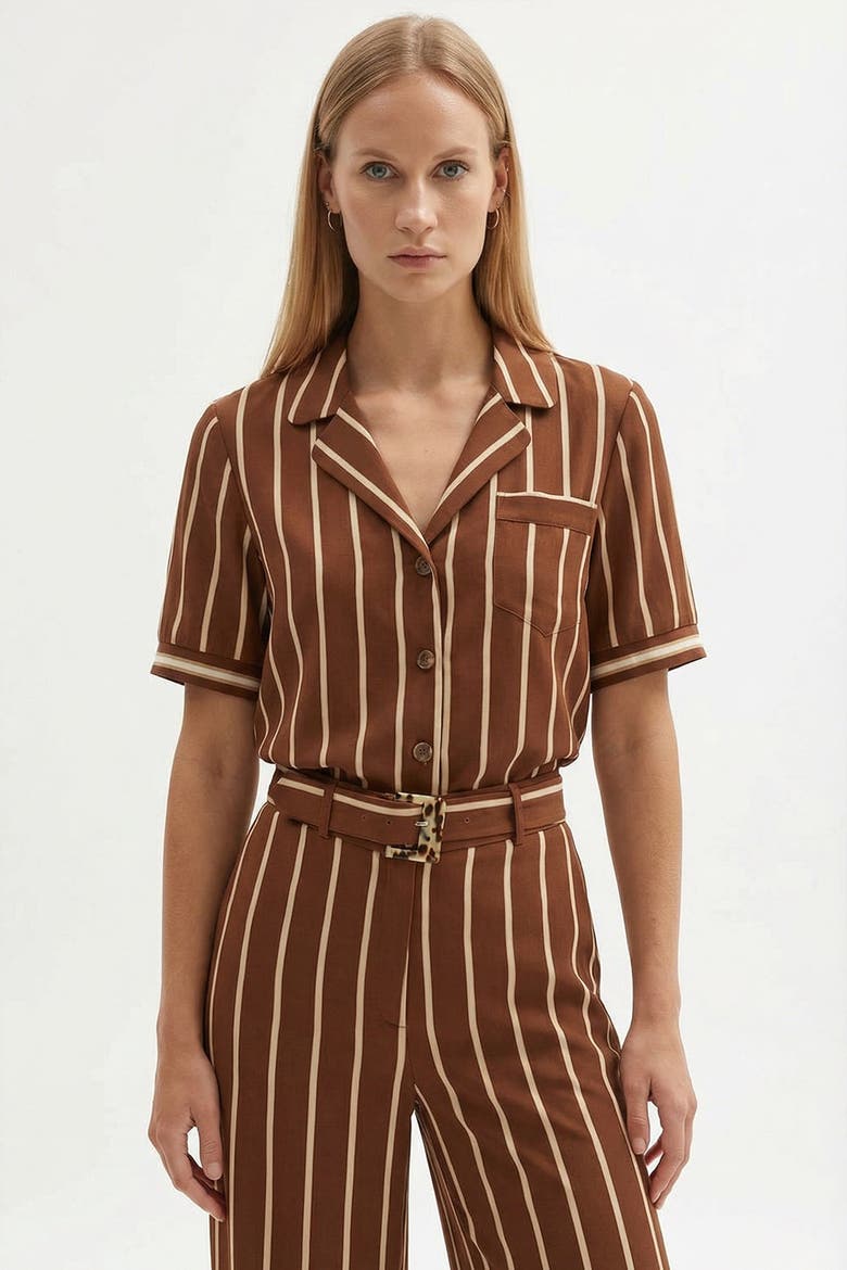 Striped Short Sleeve Shirt, Alternate, color, HAZELNUT-BEIGE