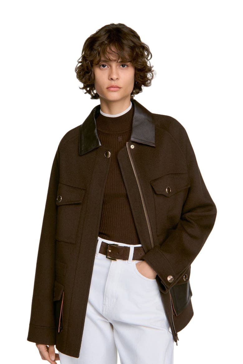 Double-faced coat, leather collar, Alternate, color, Brown