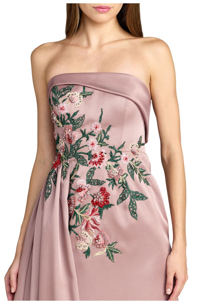 Mac Duggal Strapless Satin Beaded Floral Gown, Alternate, color, Mocha