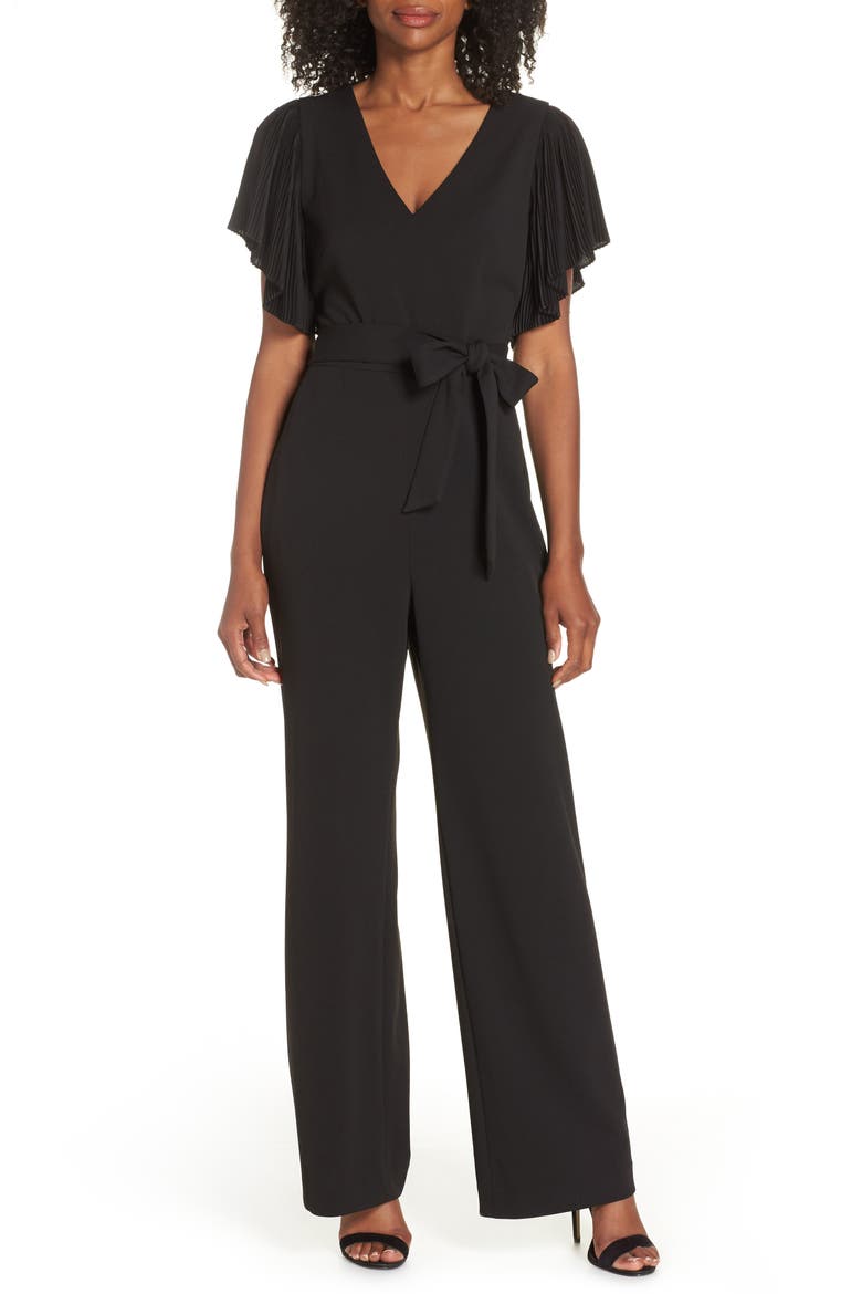 Pleat Sleeve Jumpsuit, Main, color, BLACK