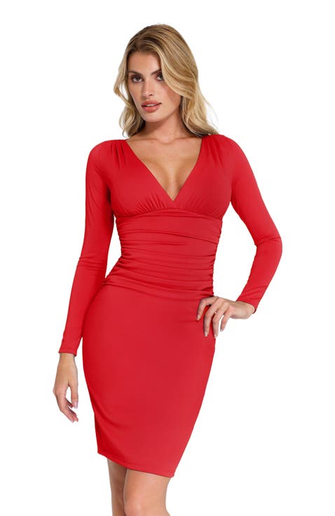 Shapewear Long Sleeve V-Neck Ruched Bodycon Midi Dress