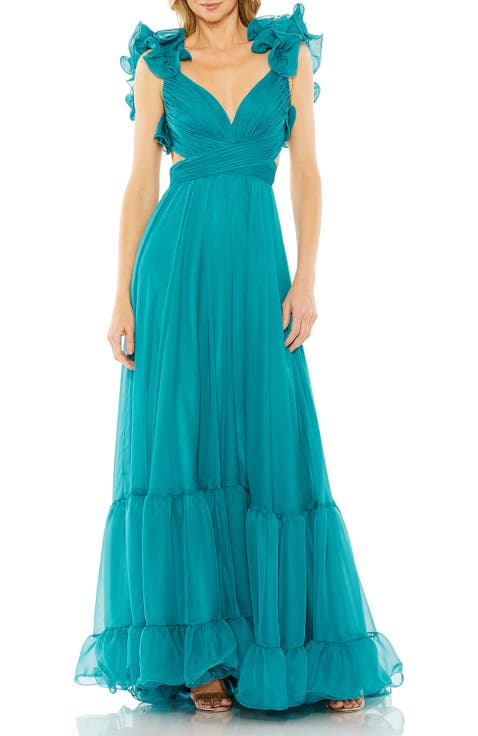 Sleeveless Ruffle Tiered Cut-Out Chiffon Gown