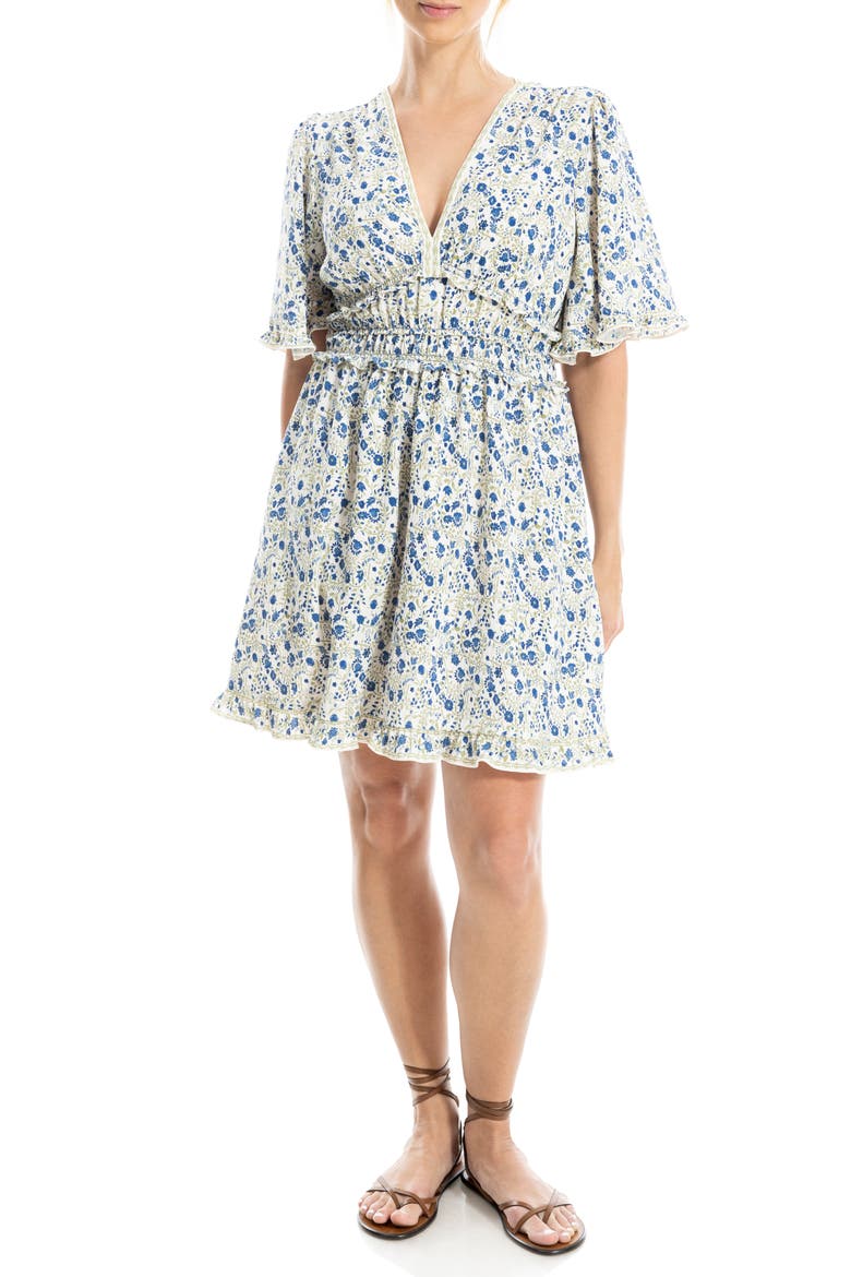 Ruffle Short Sleeve Fit & Flare Dress, Main, color, CREAM/ BLUE WHIMSICAL PETALS