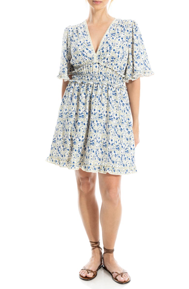 MAX STUDIO Ruffle Short Sleeve Fit & Flare Dress, Main, color, Cream/ Blue Whimsical Petals