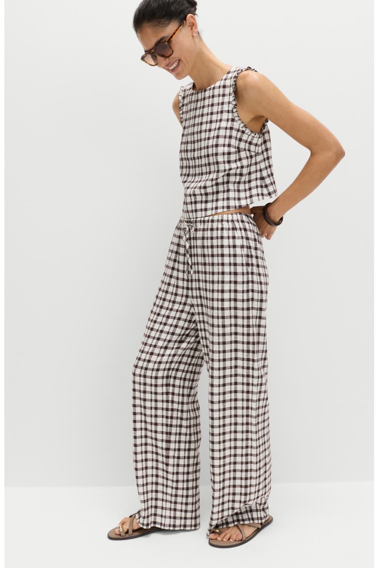 Gingham Ruffle Trim Linen Blend Crop Top, Alternate, color, BROWN/ MULTI