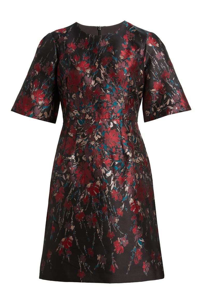 Metallic Floral Jacquard Elbow Sleeve Fit & Flare Dress, Alternate, color, RED