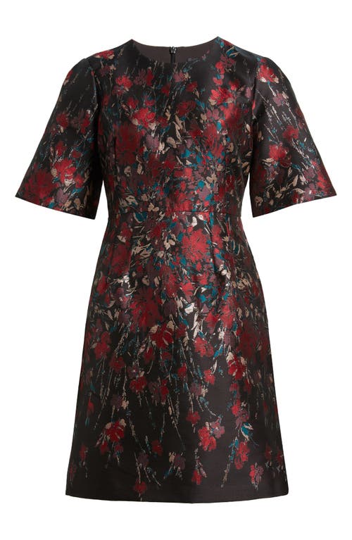 Vince Camuto Metallic Floral Jacquard Elbow Sleeve Fit & Flare Dress In Red