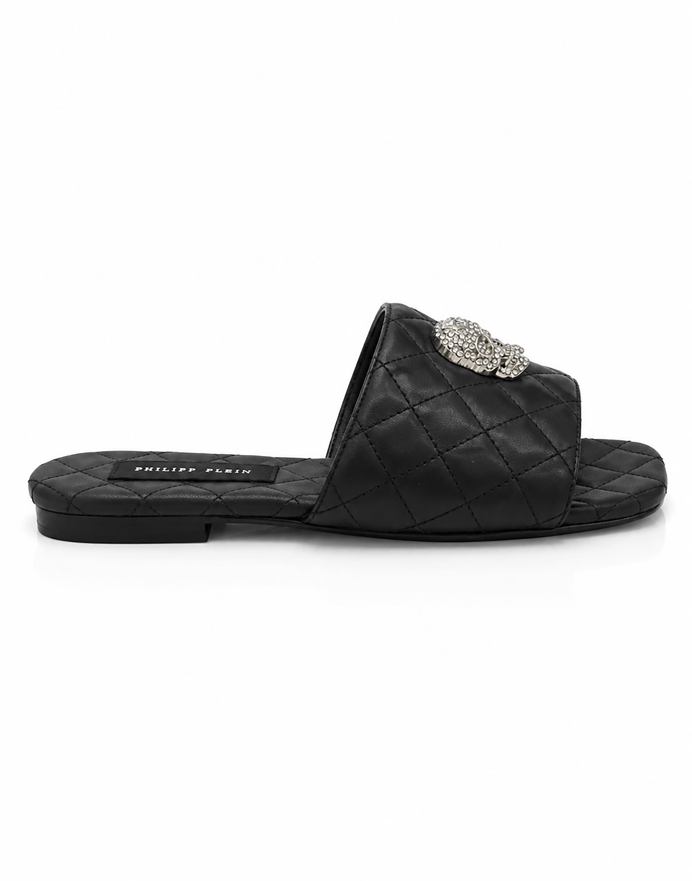 Nappa Flat Matelasse Sandals Crystal Skull Women, Alternate, color, black