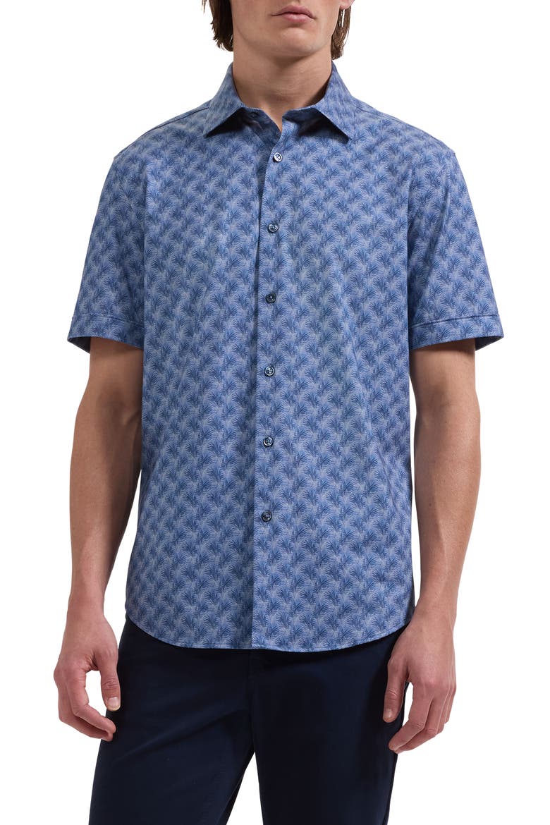 Miles OoohCotton® Leaf Print Short Sleeve Button-Up Shirt, Main, color, COBALT