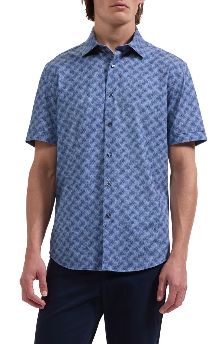 Bugatchi Miles OoohCotton<sup>®</sup> Leaf Print Short Sleeve Button-Up Shirt, Main, color, Cobalt