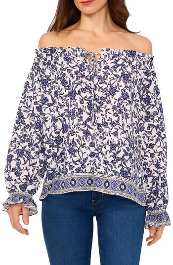 Cece Off The Shoulder Long Sleeve Top In Multi
