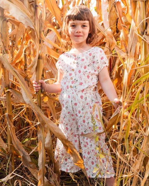 Deux Par Deux Little Girl's Printed Seersucker Jumpsuit With Cut Outs Pink Flowers On Cream Backgrou In Pink Flowers On Cream